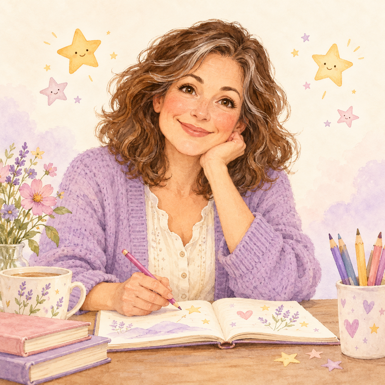 Ritratto illustrato di fantasia di Lilli Valen, con quaderno, matite e stelline