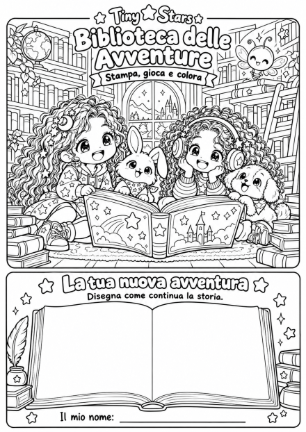 Scheda completa da stampare e colorare: La Biblioteca delle Avventure