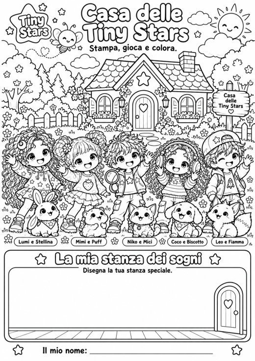 Scheda completa da stampare e colorare: La Casa delle Tiny Stars