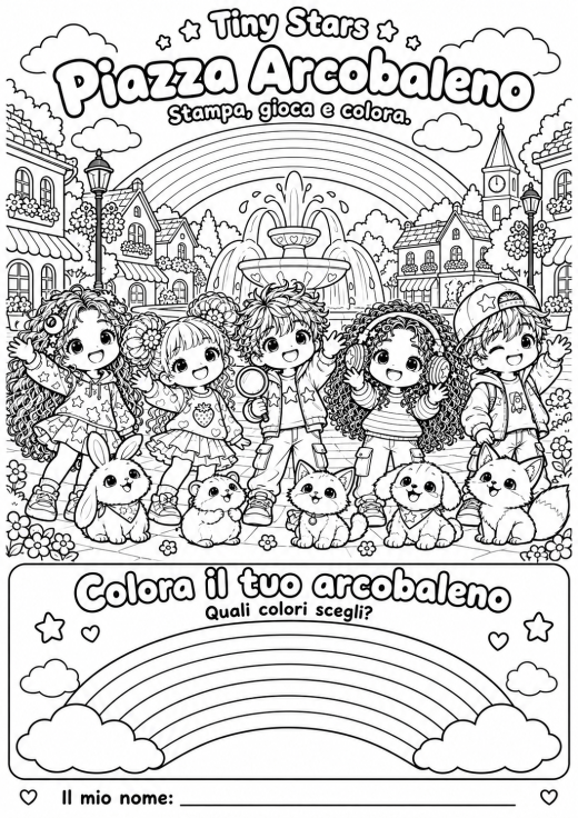 Scheda completa da stampare e colorare: Piazza Arcobaleno