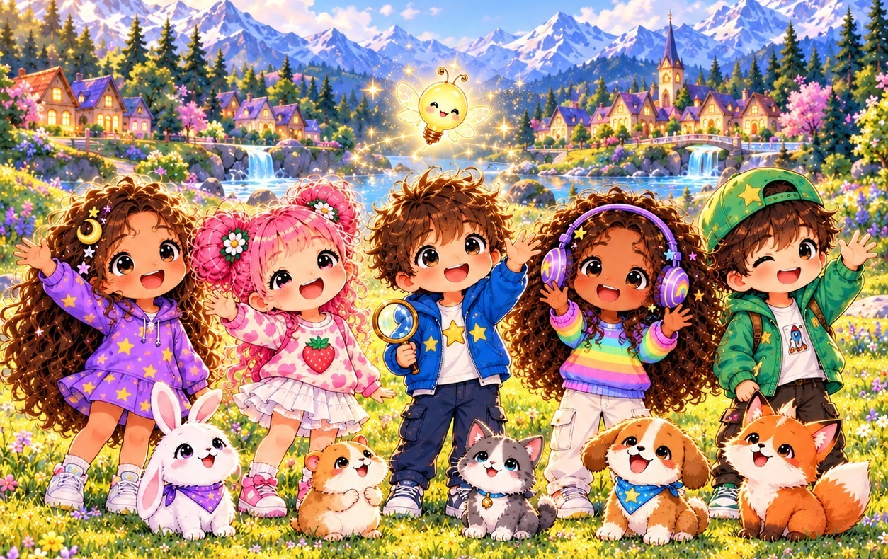 Lumi, Mimi, Niko, Coco e Leo con i loro animaletti a Valle Lumi